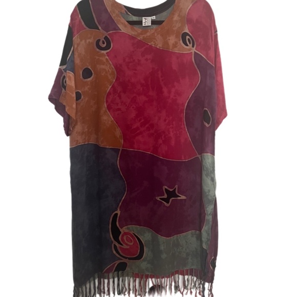 Resort wear fringed tunic pull on bright contemporary beach cover up - Picture 2 of 5